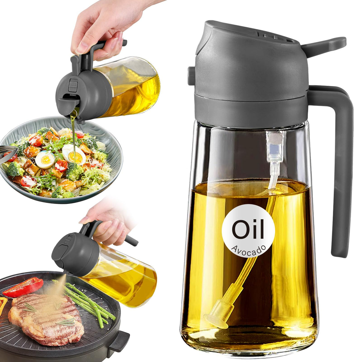 YARRAMATE 2Pcs 16oz/470ml 2 in 1 Oil Sprayer for Cooking with Stickers, Food-grade Glass Oil Spray Bottle, Oil Dispenser and Oil Sprayer for Kitchen, Salad, Frying, BBQ (White &Black)