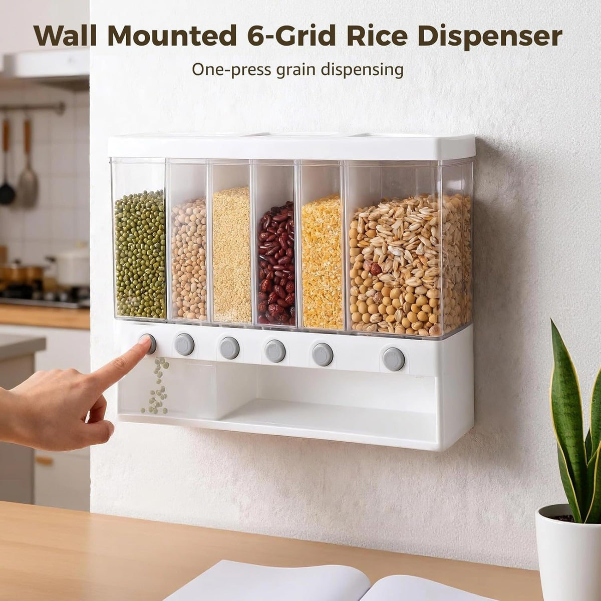 Wall Mounted 6-Grid Rice Dispenser, 22 lbs Large Capacity Dry Food Cereal Storage, Press Button Quantitative Output with Transparent Drawer for Kitchen Pantry Organization