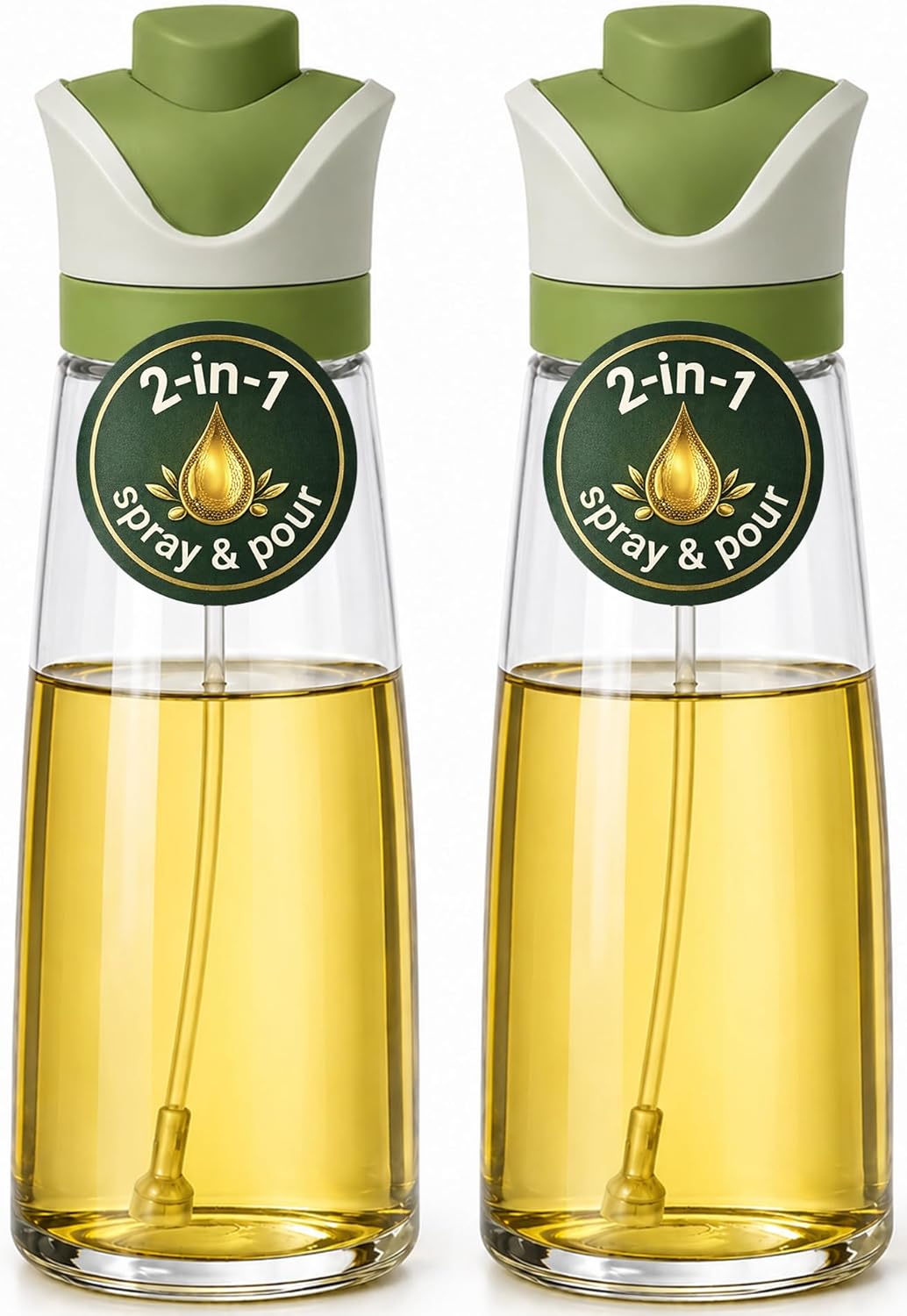 Olive Oil Dispenser for Kitchen 2-in-1 Pour and Spray | 11.5 oz / 340 ml | Glass Olive Oil Sprayer for Cooking, Airfryer, Salad & BBQ | Set of 2 Bottles, Green