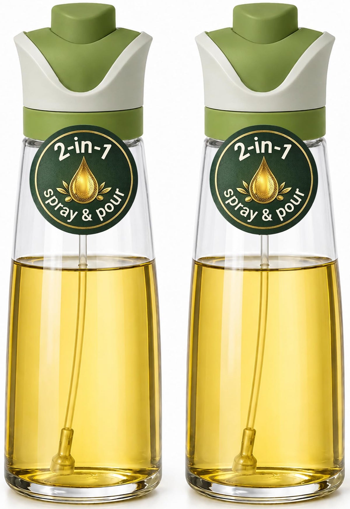 Olive Oil Dispenser for Kitchen 2-in-1 Pour and Spray | 11.5 oz / 340 ml | Glass Olive Oil Sprayer for Cooking, Airfryer, Salad & BBQ | Set of 2 Bottles, Green