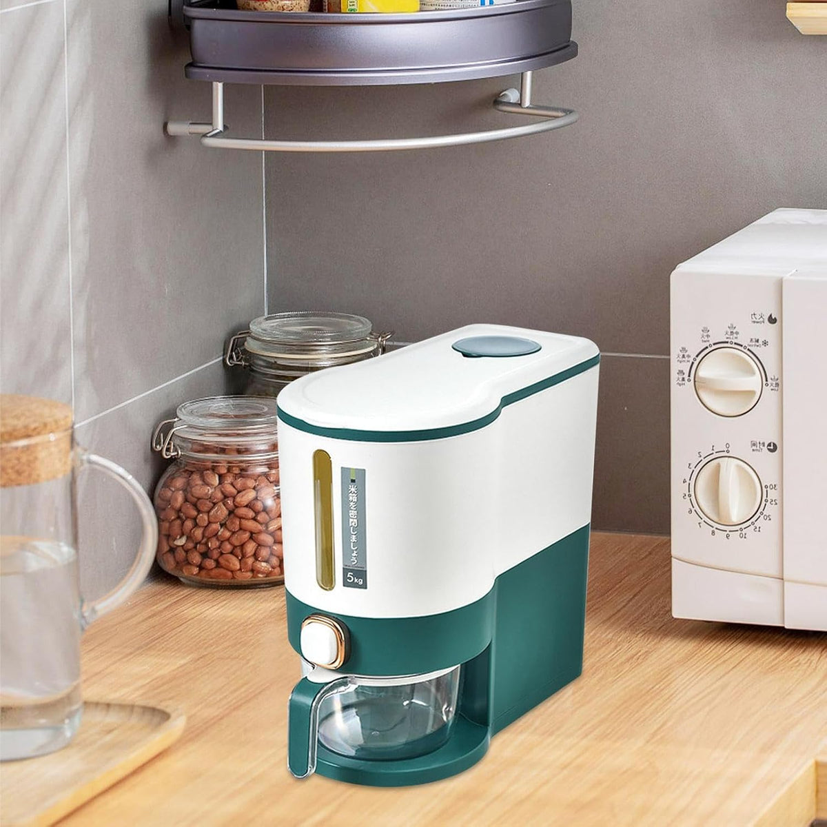 Rice Dispenser, 5kg/10kg Rice Cereal Storage Containers, Press Type Kitchen Rice Bucket, Cereal Rice Box with Measuring Cup, Reusable Household Cereal Dispenser Bucket for Kitchen Countertop Pantry