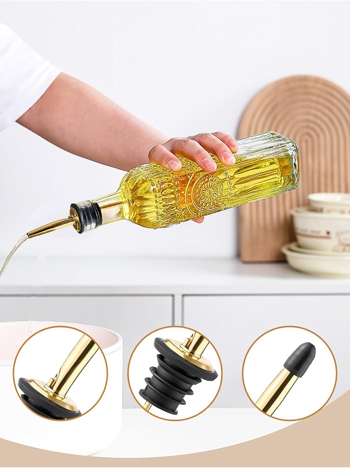 4 Pcs Olive Oil Dispenser Bottle for Kitchen, 17oz Clear Glass Oil and Vinegar Dispenser Bottle Set with 4 Stainless Steel Spouts and 1 Funnel (Square)