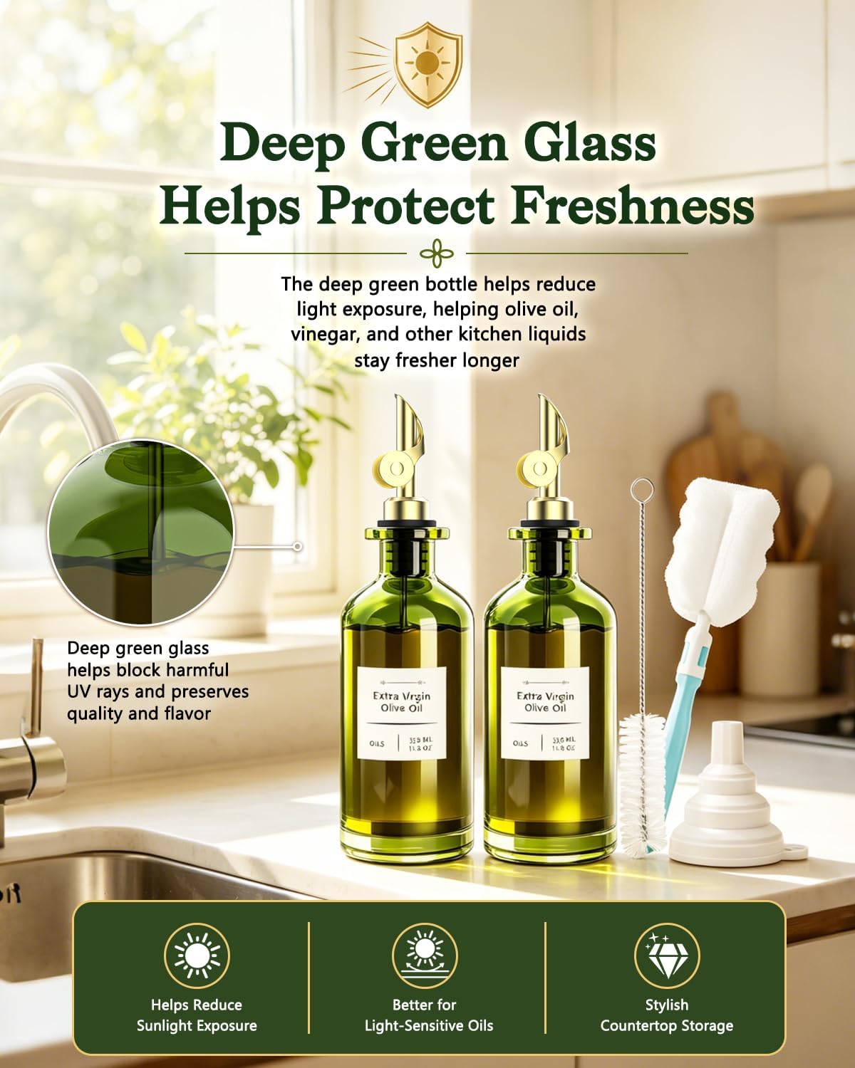 COOLMI Olive Oil Dispenser Set of 2, Dark Green Glass Bottles, 12 oz