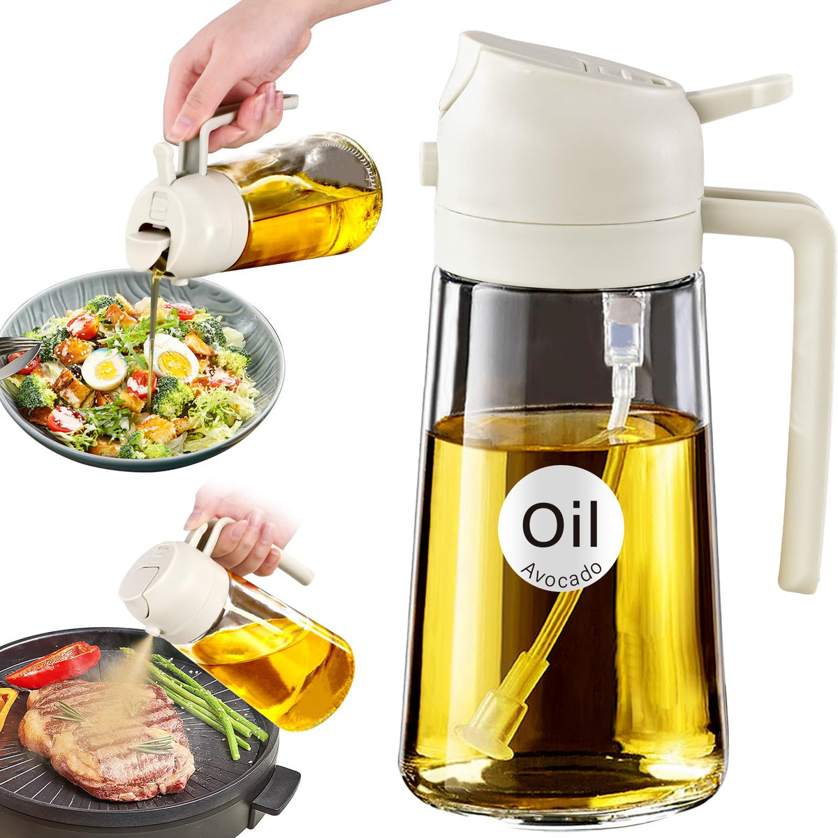 YARRAMATE 2Pcs 16oz/470ml 2 in 1 Oil Sprayer for Cooking with Stickers, Food-grade Glass Oil Spray Bottle, Oil Dispenser and Oil Sprayer for Kitchen, Salad, Frying, BBQ (White &Black)
