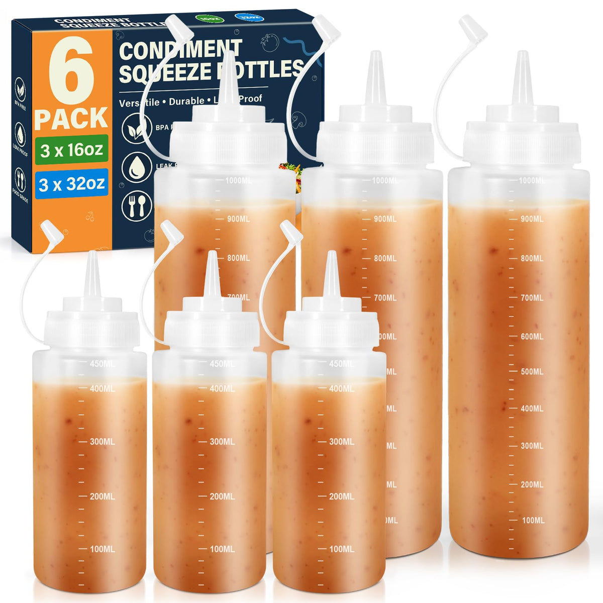 16 oz Condiment Squeeze Bottles, Squeeze Bottles for Sauces, Syrup Bottles