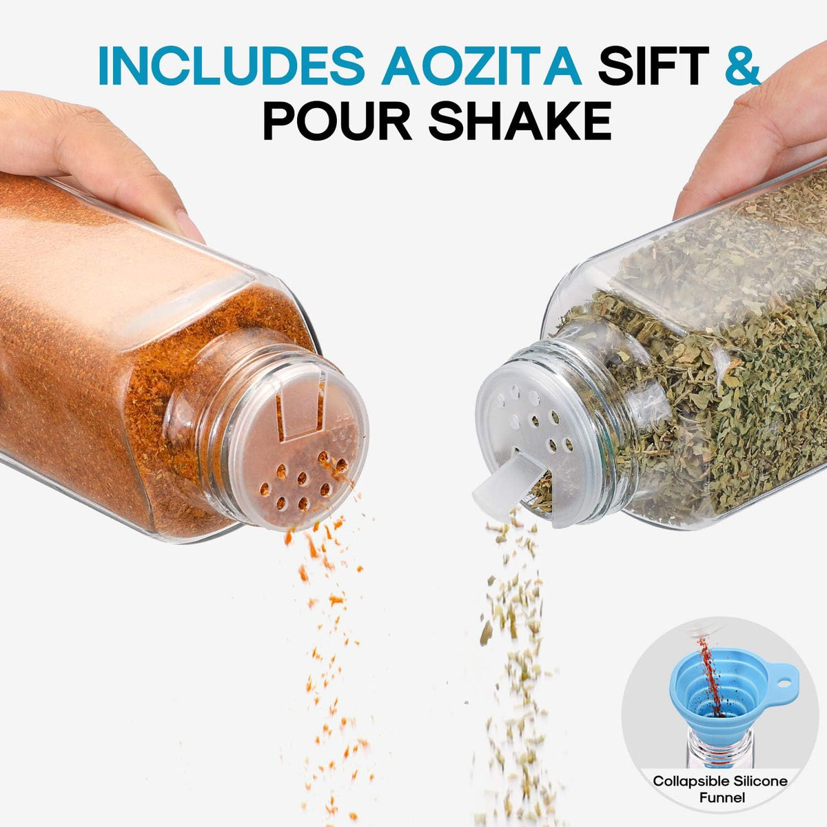 AOZITA 14 Pcs Glass Spice Jars with Spice Labels - 8oz Empty Square Spice Bottles - Shaker Lids and Airtight Metal Caps - Chalk Marker and Silicone Collapsible Funnel Included