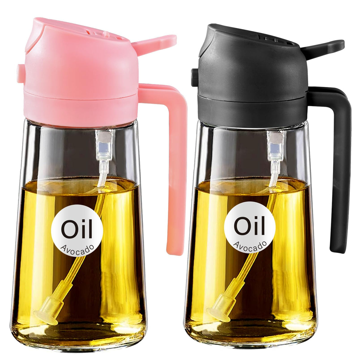 YARRAMATE Olive Oil Dispenser, 2 in 1 Oil Sprayer for Cooking, 16oz/470ml Glass Oil Spray Bottle with Pourer, Food-grade Oil Dispenser and Oil Sprayer for Kitchen, Salad, Frying, BBQ (Black & Green)