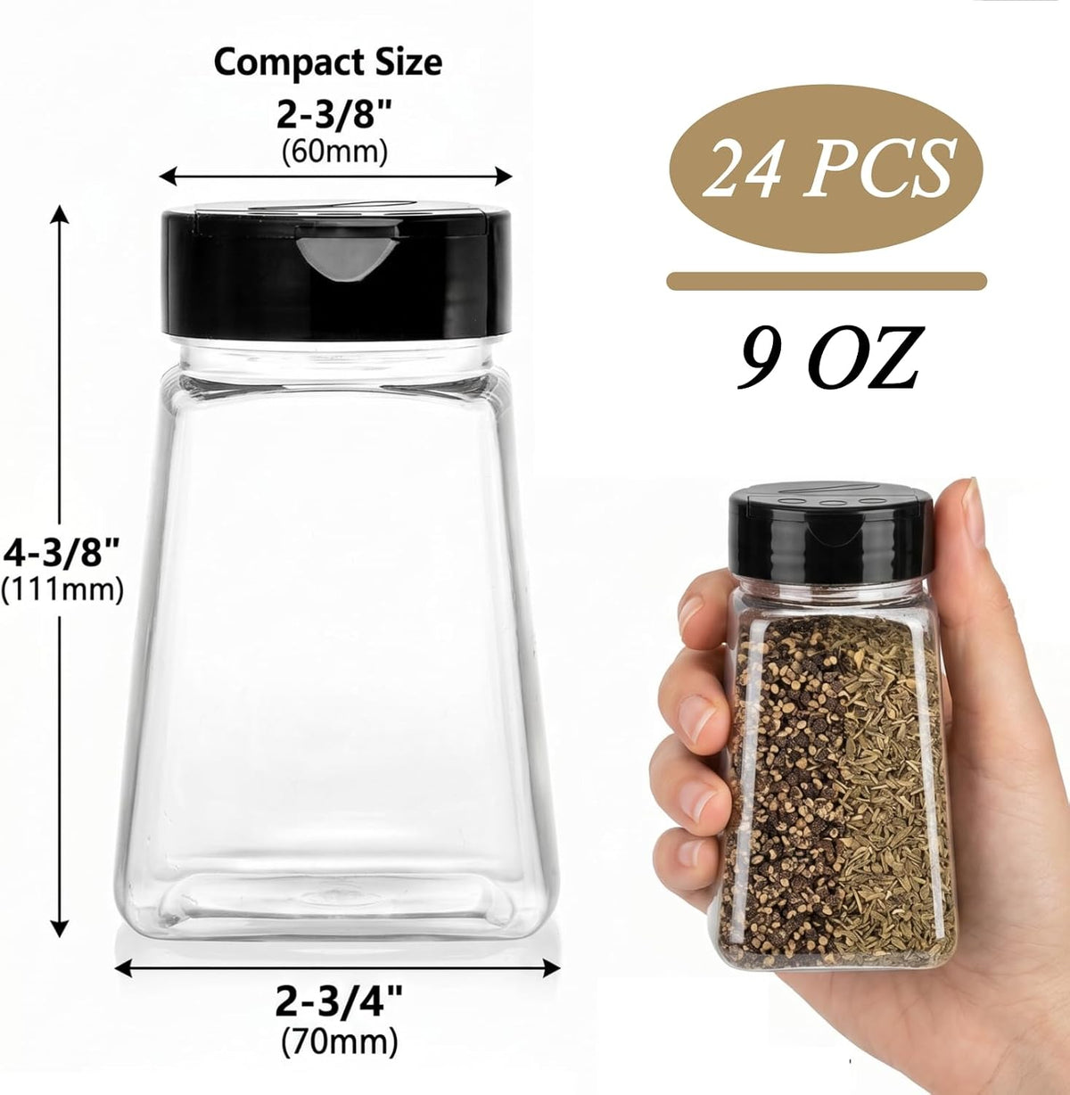 Tebery 24 Pack 9 Oz Plastic Spice Jars with Black Cap, Reusable Seasoning Containers Bottles for Kitchen Organization, Clear Plastic Spice Container with Shaker Lids for Spices Powders Herbs