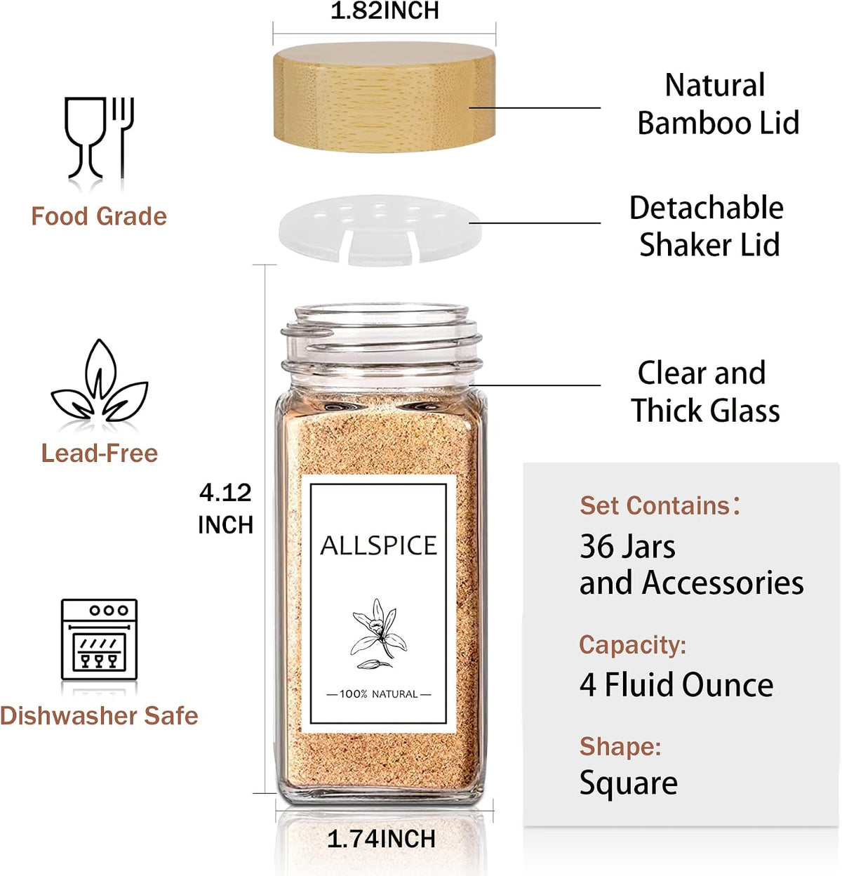 Aliggbent Spice Jars with Labels 36 Pcs 4 oz Glass Bamboo Lids Shaker Set