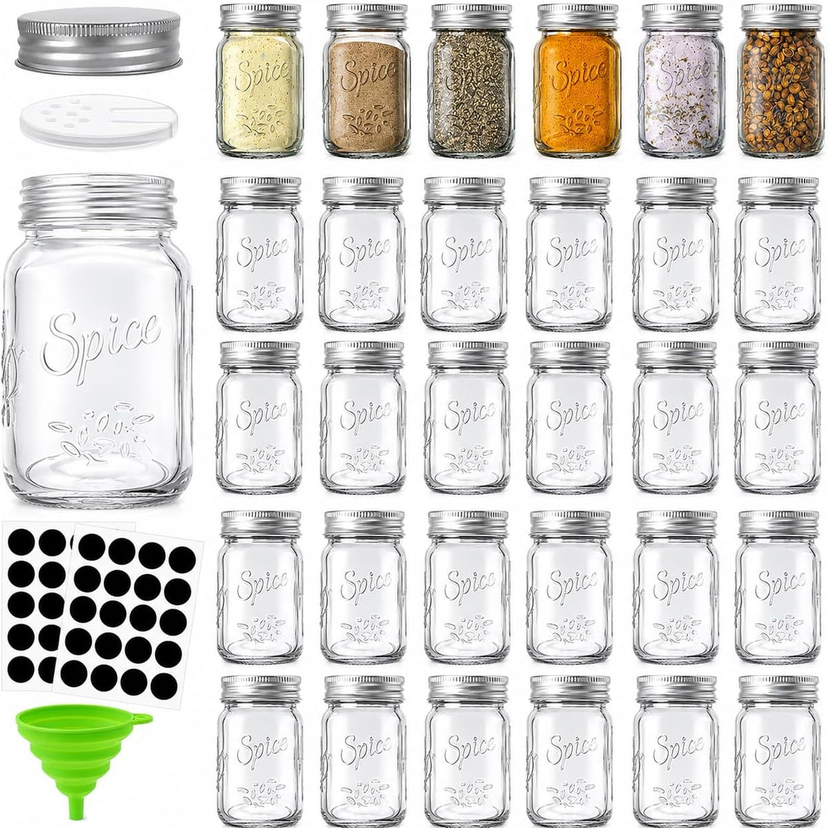 Coloch 30 Pack 4 Oz Glass Mason Spice Jar with Shaker Lids& Labels, Empty Spice Bottle Mini Mason Jars with Airtight Metal Caps and Collapsible Funnel for Herbs & Spices