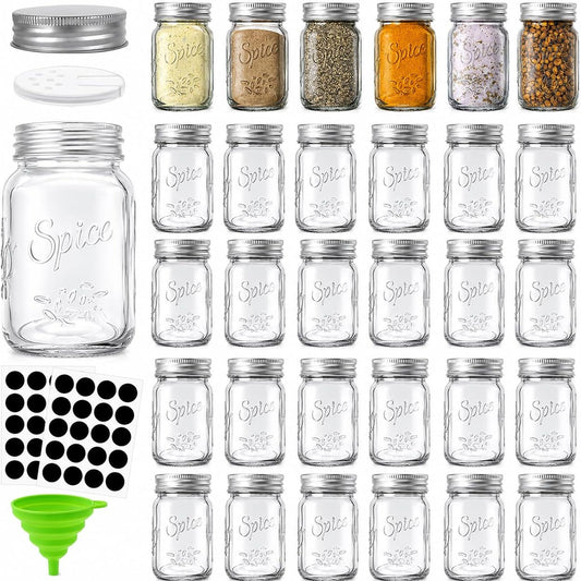 Coloch 30 Pack 4 Oz Glass Mason Spice Jar with Shaker Lids& Labels, Empty Spice Bottle Mini Mason Jars with Airtight Metal Caps and Collapsible Funnel for Herbs & Spices