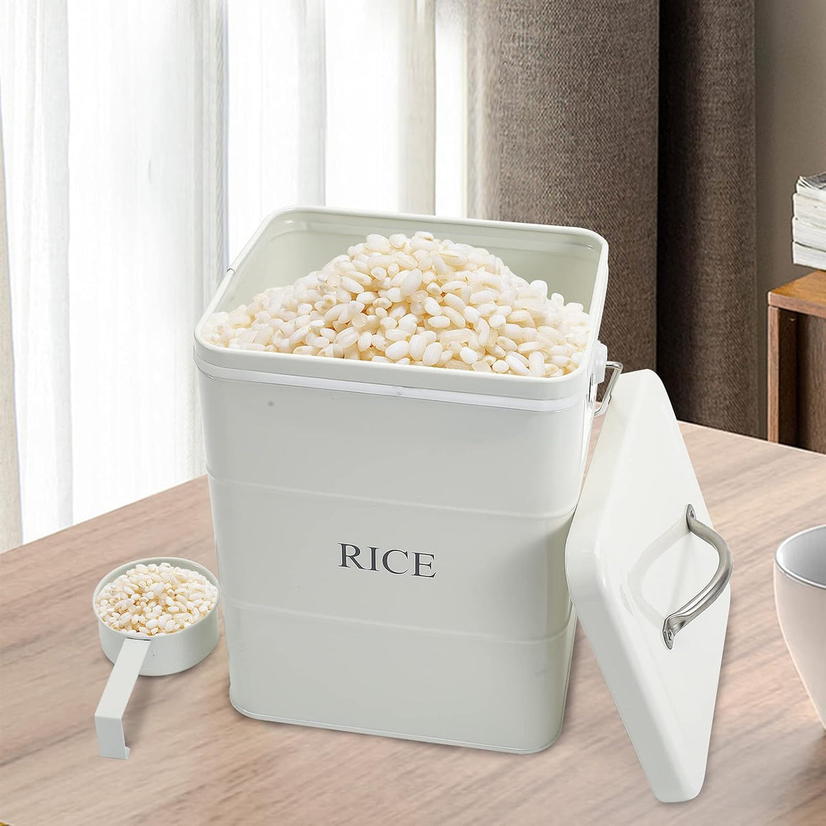 Metal Rice Storage Box, Square Rice Container with Lid and handle, Sealed Food Storage Bin for Kitchen, Countertop Organizer Jar for Rice Flour Soybean Grain Cereal-White