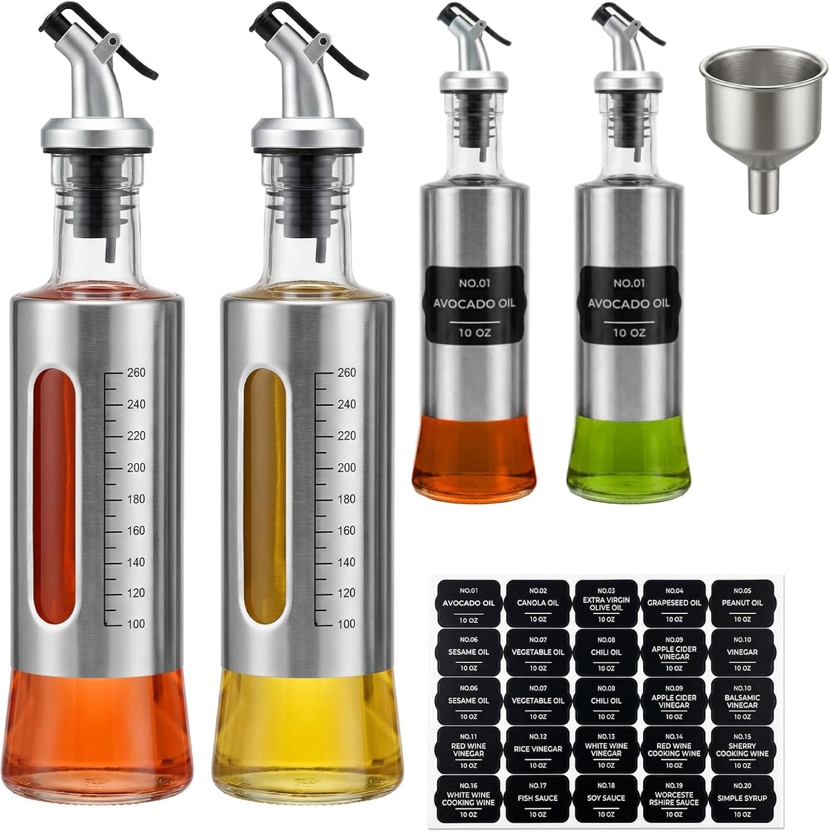 Olive Oil Dispenser for Kitchen, 4 Pack 10oz/300 ML Cooking Oil and Vinegar Dispenser Set with 20 Labels Stainless Steel Funnel, Olive Oil Bottle, Soy Sauce Dispenser, Coffee Syrup Bottles