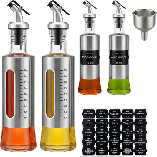 Olive Oil Dispenser for Kitchen, 4 Pack 10oz/300 ML Cooking Oil and Vinegar Dispenser Set with 20 Labels Stainless Steel Funnel, Olive Oil Bottle, Soy Sauce Dispenser, Coffee Syrup Bottles