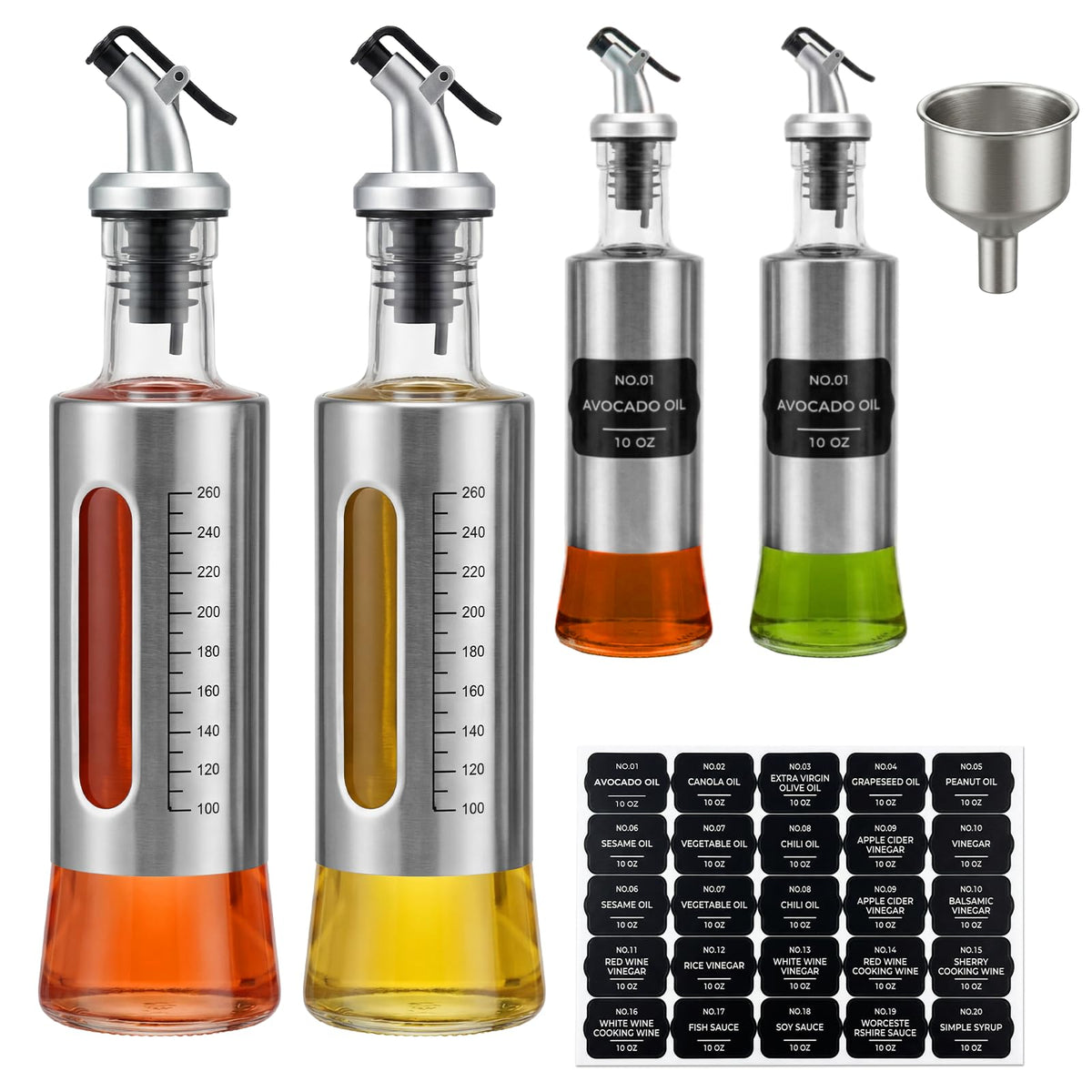 Olive Oil Dispenser for Kitchen, 4 Pack 10oz/300 ML Cooking Oil and Vinegar Dispenser Set with 20 Labels Stainless Steel Funnel, Olive Oil Bottle, Soy Sauce Dispenser, Coffee Syrup Bottles