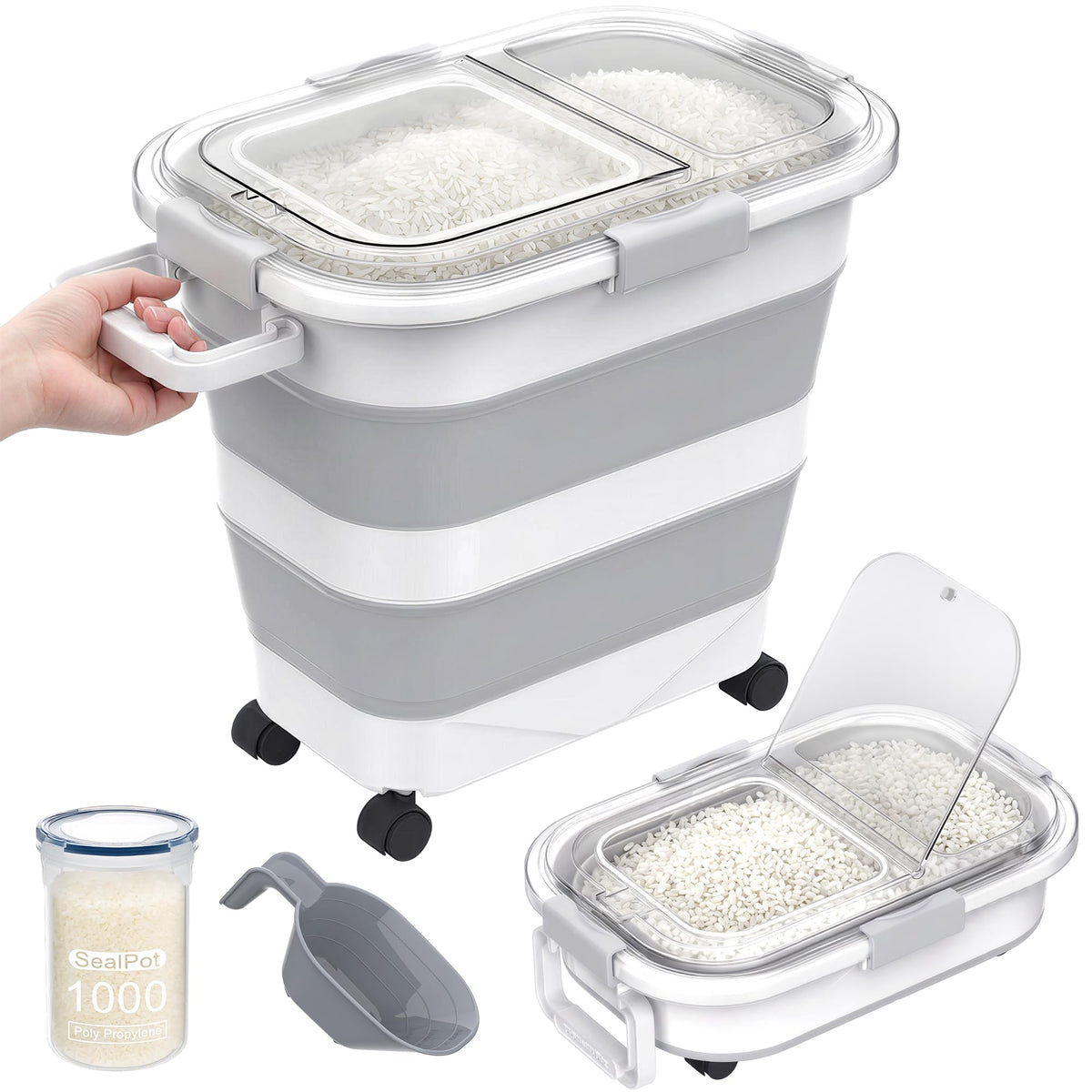HOYTAMDA 20-30Lbs Rice Container,Collapsible Food Storage Container Wheels