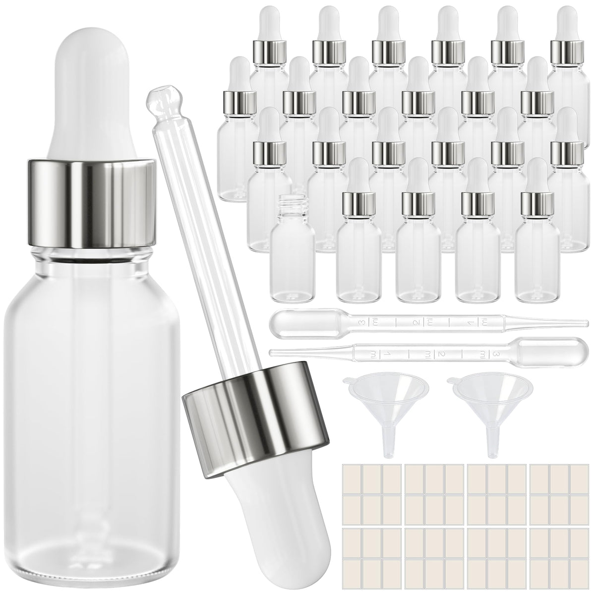 PrettyCare Glass Eye Dropper Bottles 24 Pack, 1oz (30ml) Clear Empty Thick Bottles Bulk with Leakproof Golden Caps - With Labels & Funnels for Storage, Travel, Essential Oils, Cuticle Oils, Tinctures