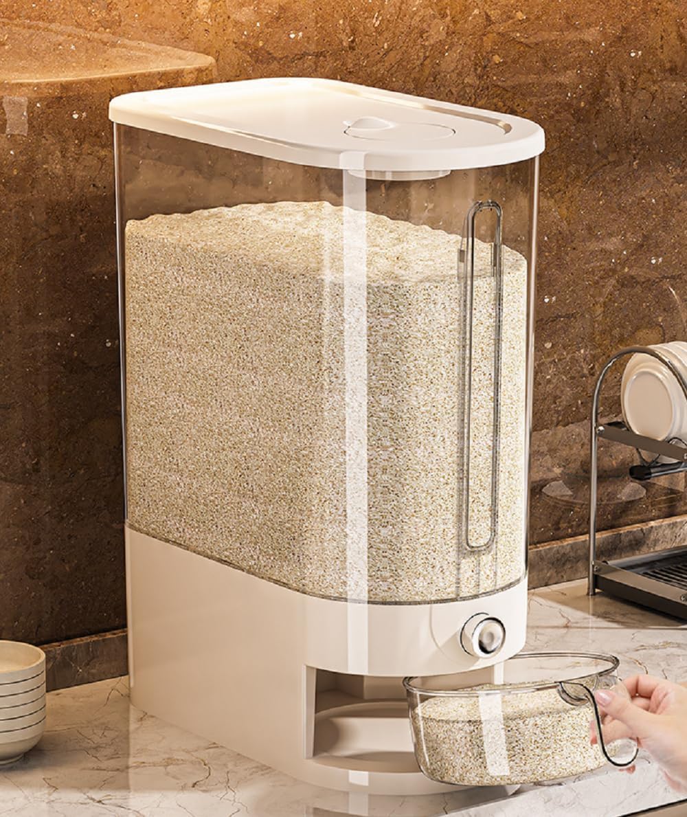 Large Rice Dispenser 25Lbs, Cereal Dispenser Rice Container Food Storage Container with Measuring Cup, Cereal Containers Storage Kitchen Storage Household Rice Pet Food Holder (25LBS)