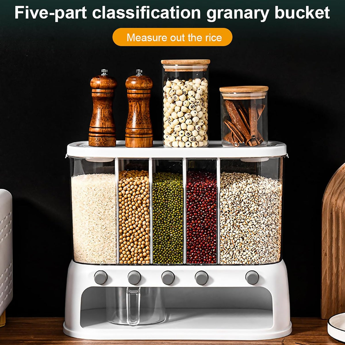 ETOYA Dry Food Dispenser, Wall mounted 5 Grid Cereal Dispenser,Rice dispenser 25 pounds Kitchen Storage with Measuring Cup for Kitchen, Pantry, Restaurant & Bulk Food