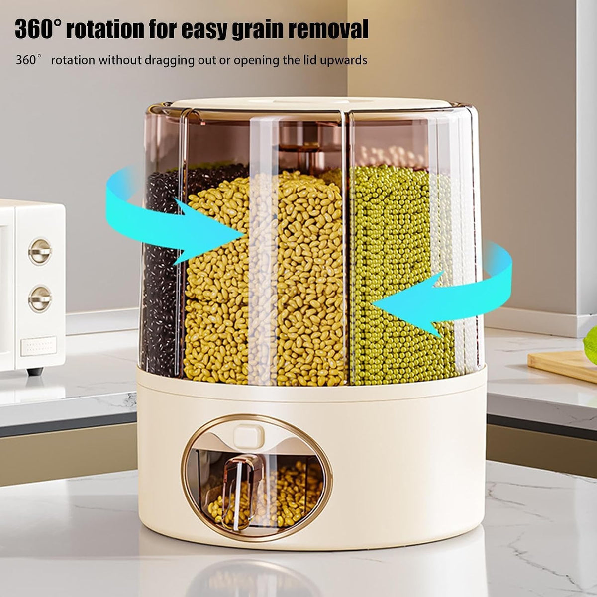 Grain Storage Container, 6 Grid Rice Dispenser, Rotating Storage Bin