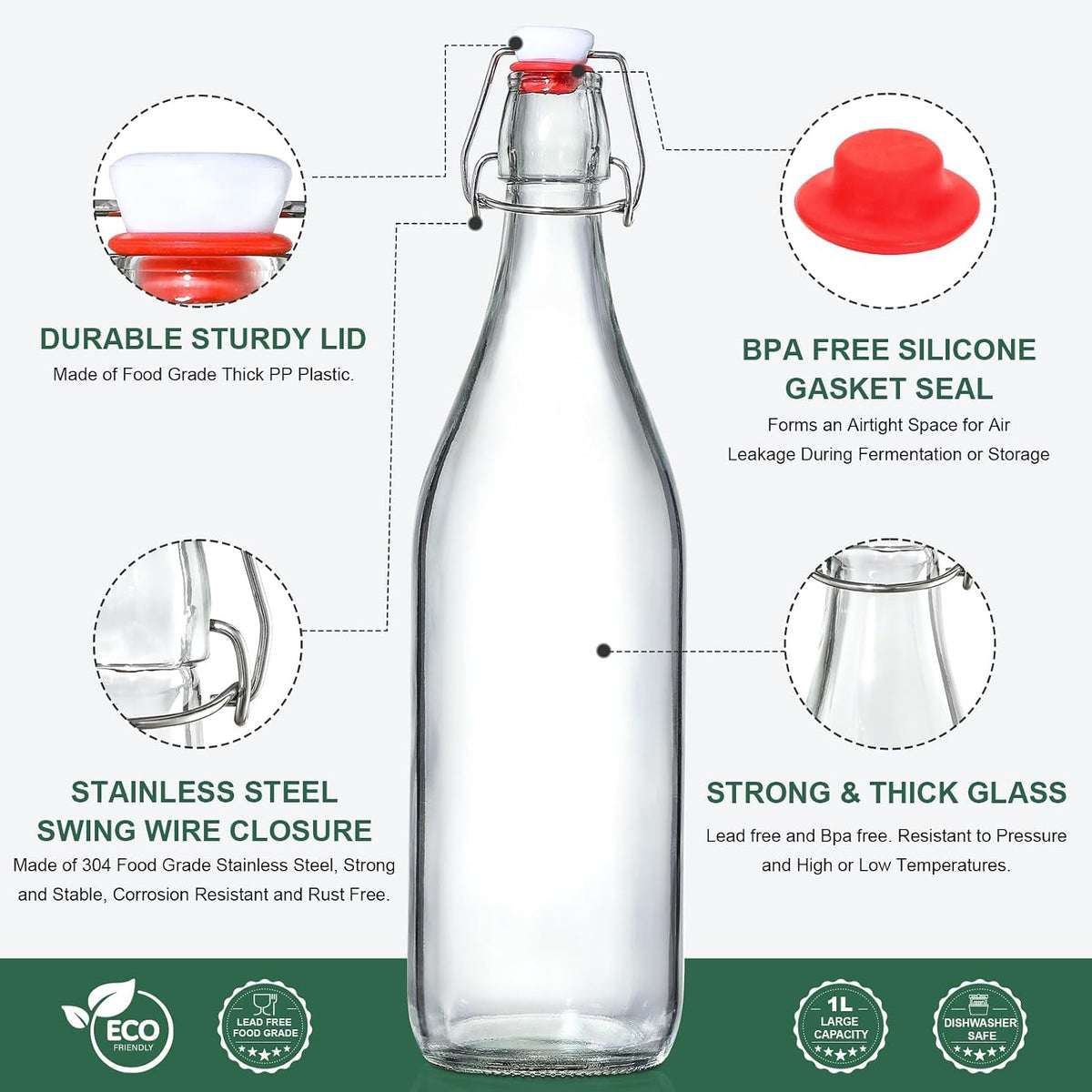 8 PACK [1 Liter/33 fl. oz.] Swing Top Glass Bottles w/ 2 Funnels & Pourers