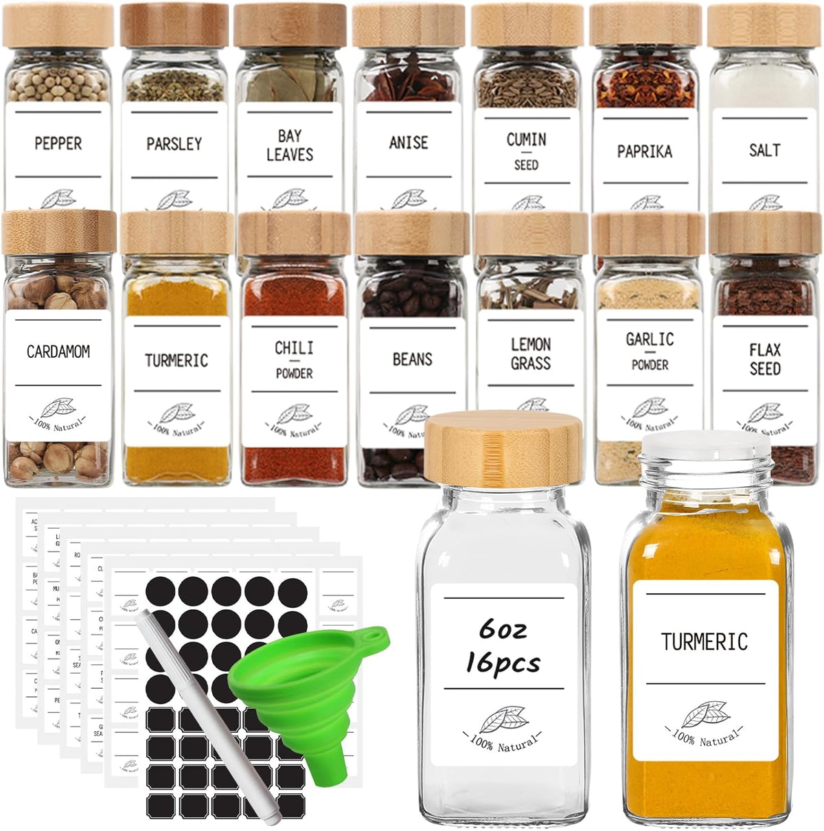 16 Pack 6 oz Glass Spice Jars with Bamboo Lids and Spice Labels