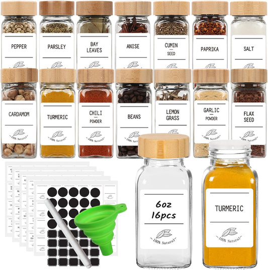16 Pack 6 oz Glass Spice Jars with Bamboo Lids and Spice Labels