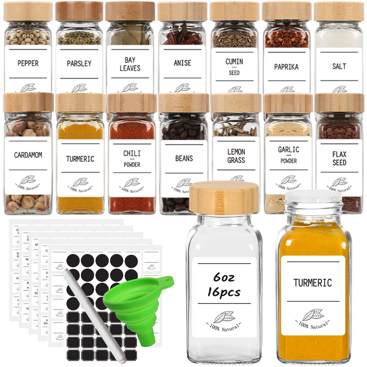 16 Pack 6 oz Glass Spice Jars with Bamboo Lids and Spice Labels
