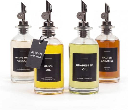 Oil Dispenser for Kitchen, Glass Olive Oil Dispenser Bottle Set of 4, Black