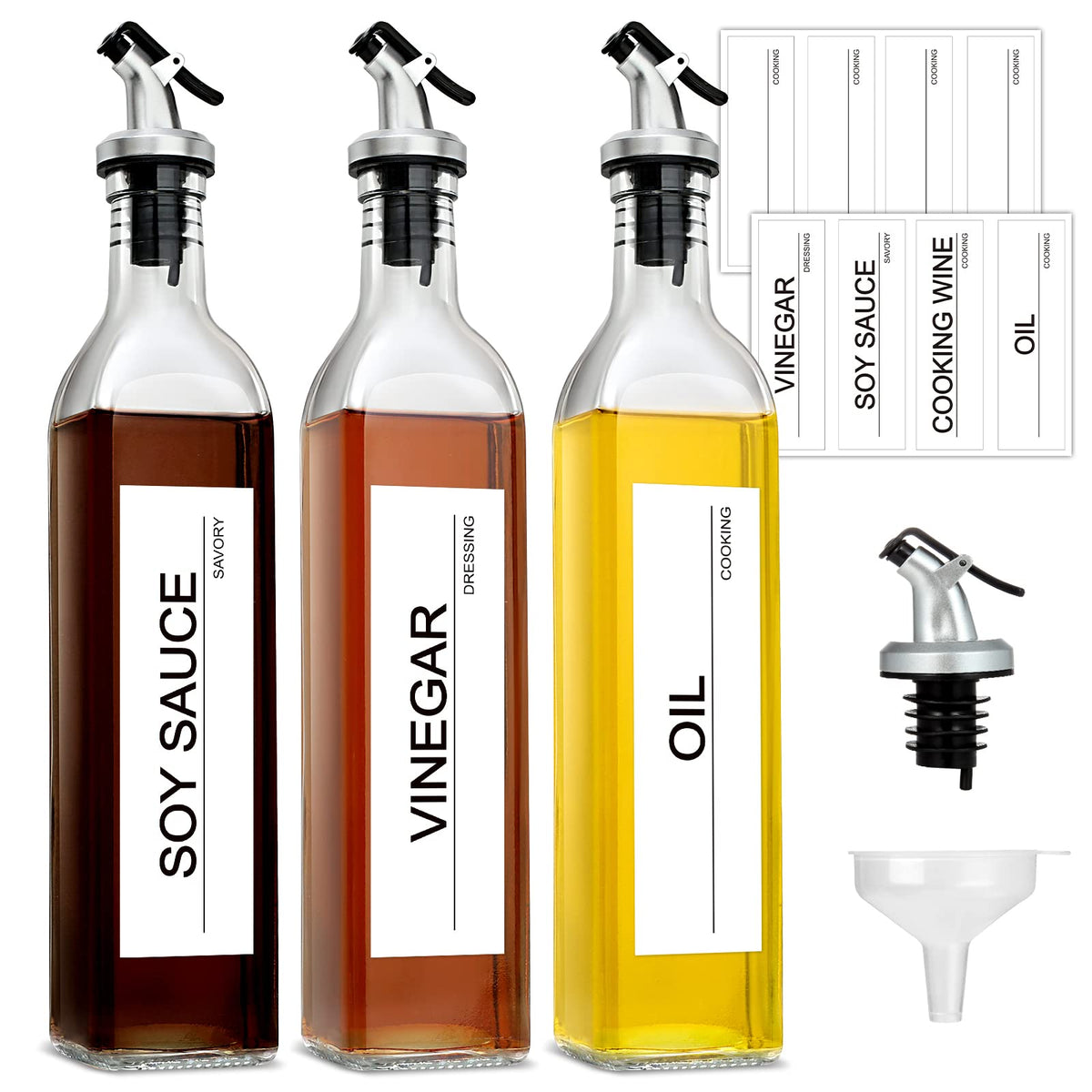 gmisun Olive Oil Dispenser Bottle for Kitchen, 4 Pack 17 Fl Oz Glass Oil Dispensers Bottles, Clear Cooking Vegetable Oil Dispenser Container Cruet Set with Plastic Pourer Spout, Funnel and Labels