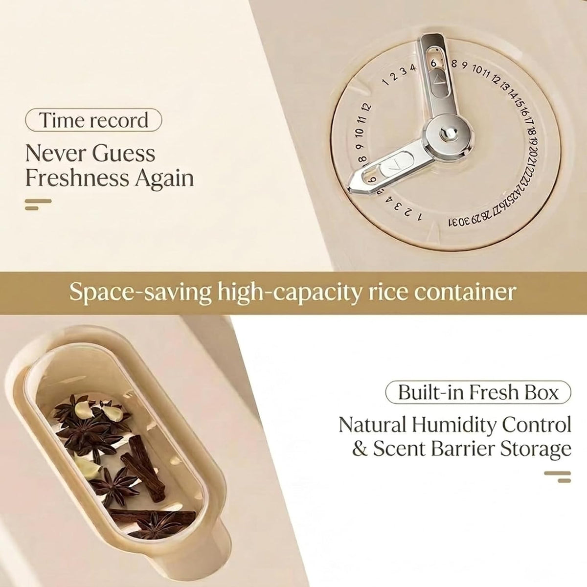 Slim Rice Dispenser with Manual Date Tracker, 11 Lbs Large Grain Storage Container for Kitchen Gap, 4.72" Wide Narrow Rice Bin with Measuring Cup, Beige