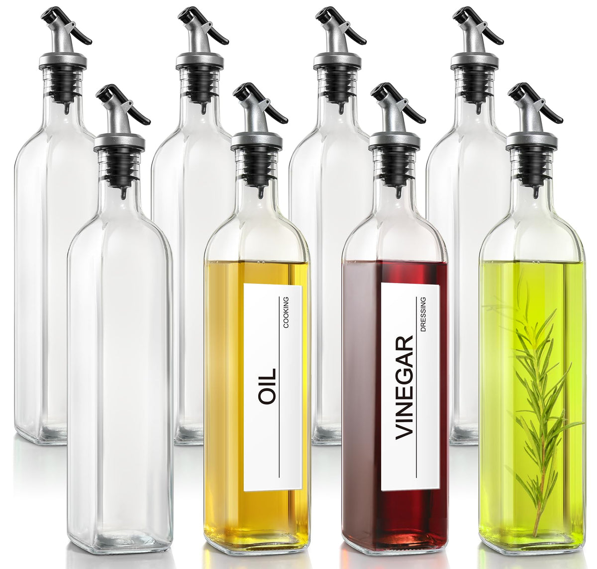 gmisun Oil and Vinegar Dispenser Bottles Set, 2 Pack 17 Fl Oz Olive Oil Dispensers Bottle for Kitchen, Clear Glass Cooking Vegetable Oil Container Cruet Set with Plastic Pourer Spout & Labels