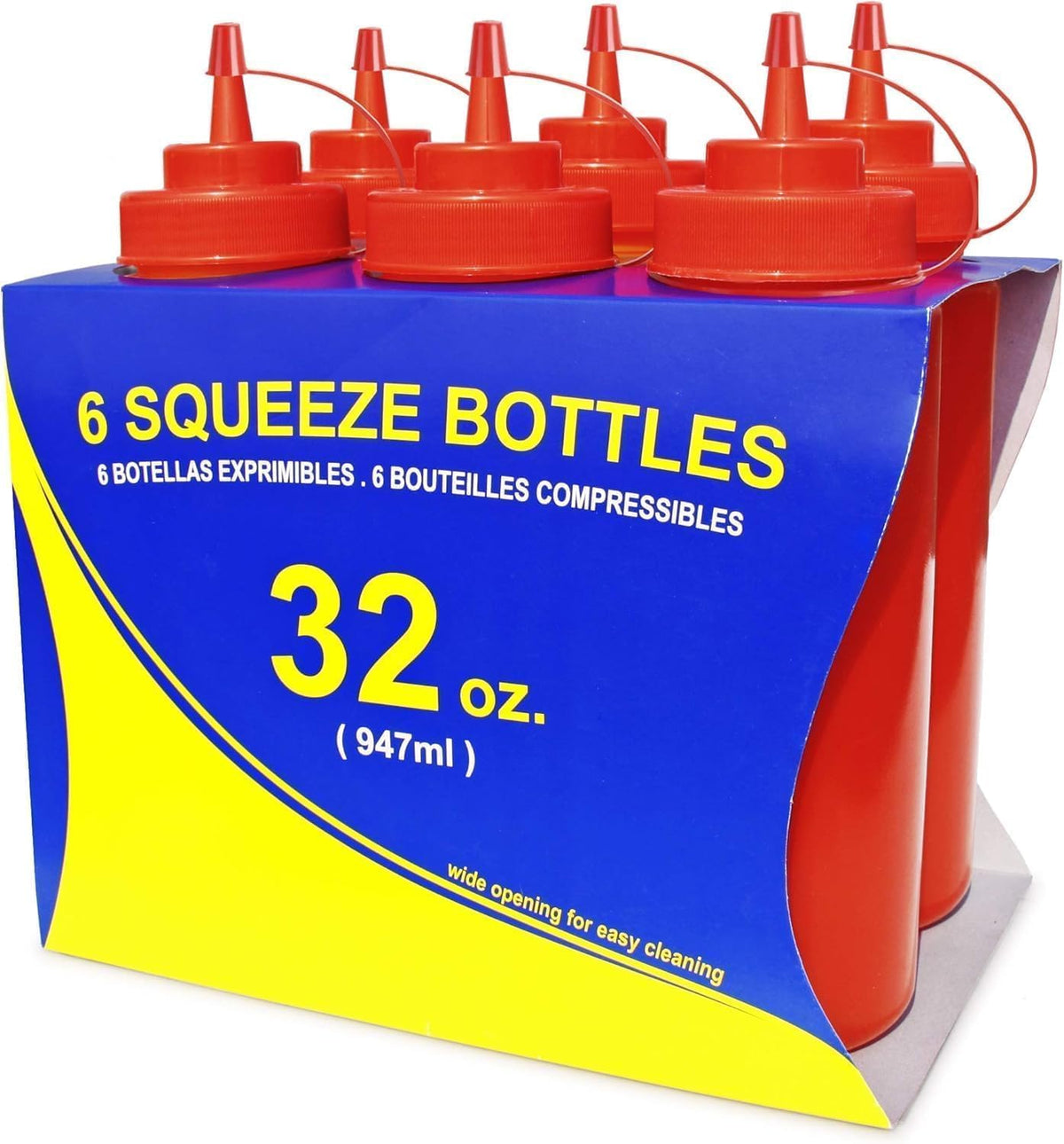 New Star Foodservice Plastic Squeeze Bottles, 32oz, Clear, 6 pk