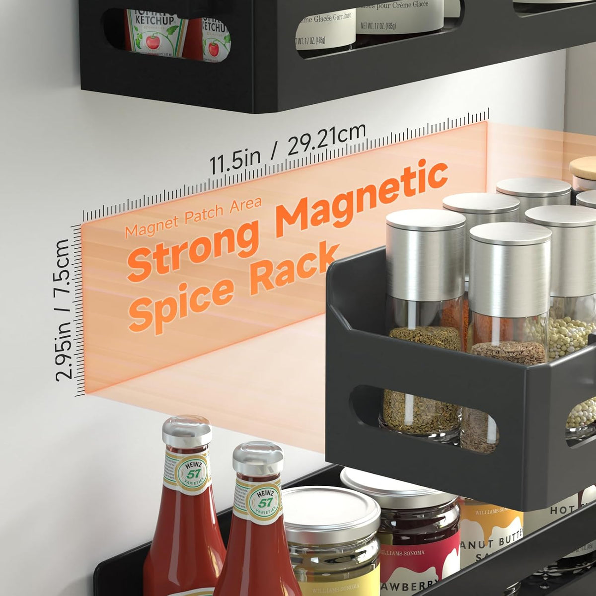 Sevenblue 4-Pack Magnetic Spice Rack for Refrigerator with Hooks, Black