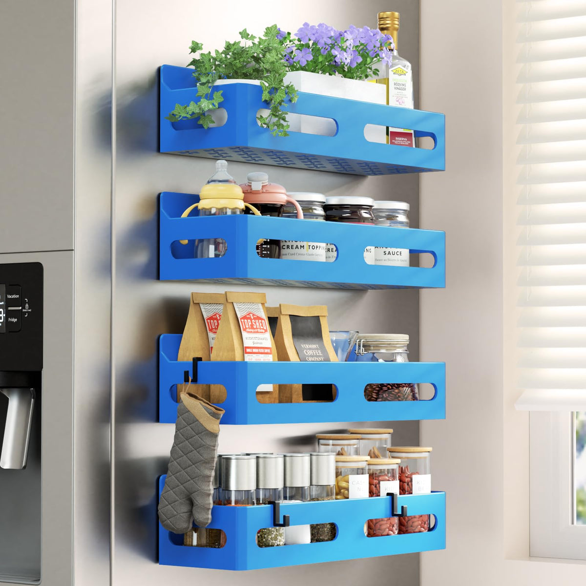 Sevenblue 4-Pack Magnetic Spice Rack for Refrigerator with Hooks, Black