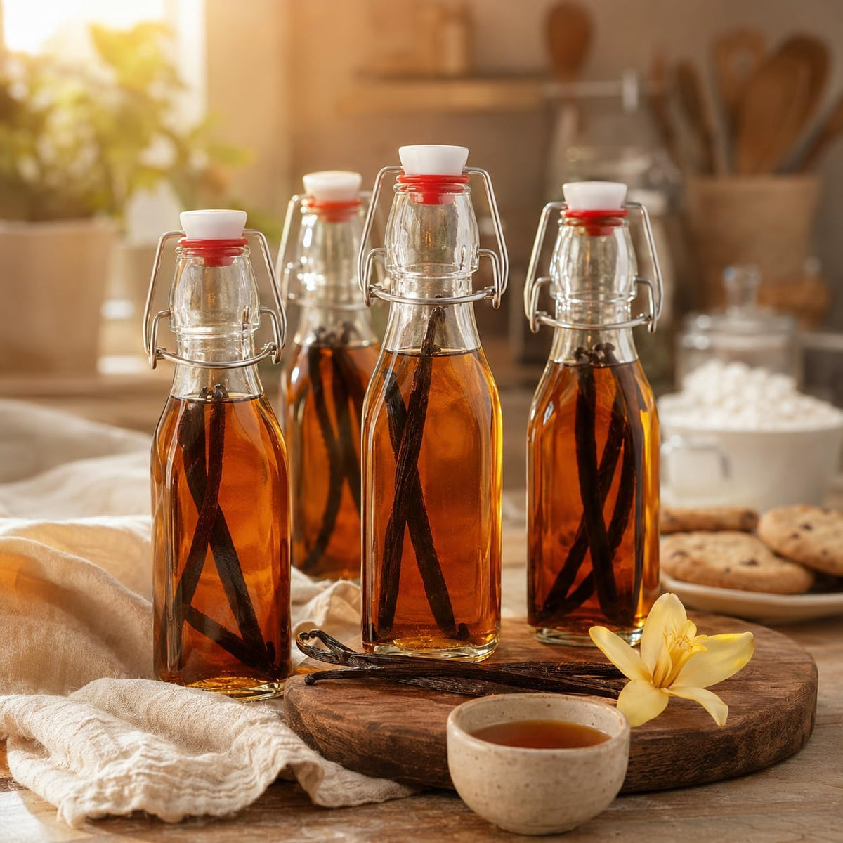 Vanilla Extract Bottles [8.5 oz, 6-Pack] – Flip Top Swing Top Glass Bottles for Homemade Extracts, Kombucha, Coquito, Juice – Airtight Leak-Proof Caps with Funnel, Extra Gaskets, Labels & Marker