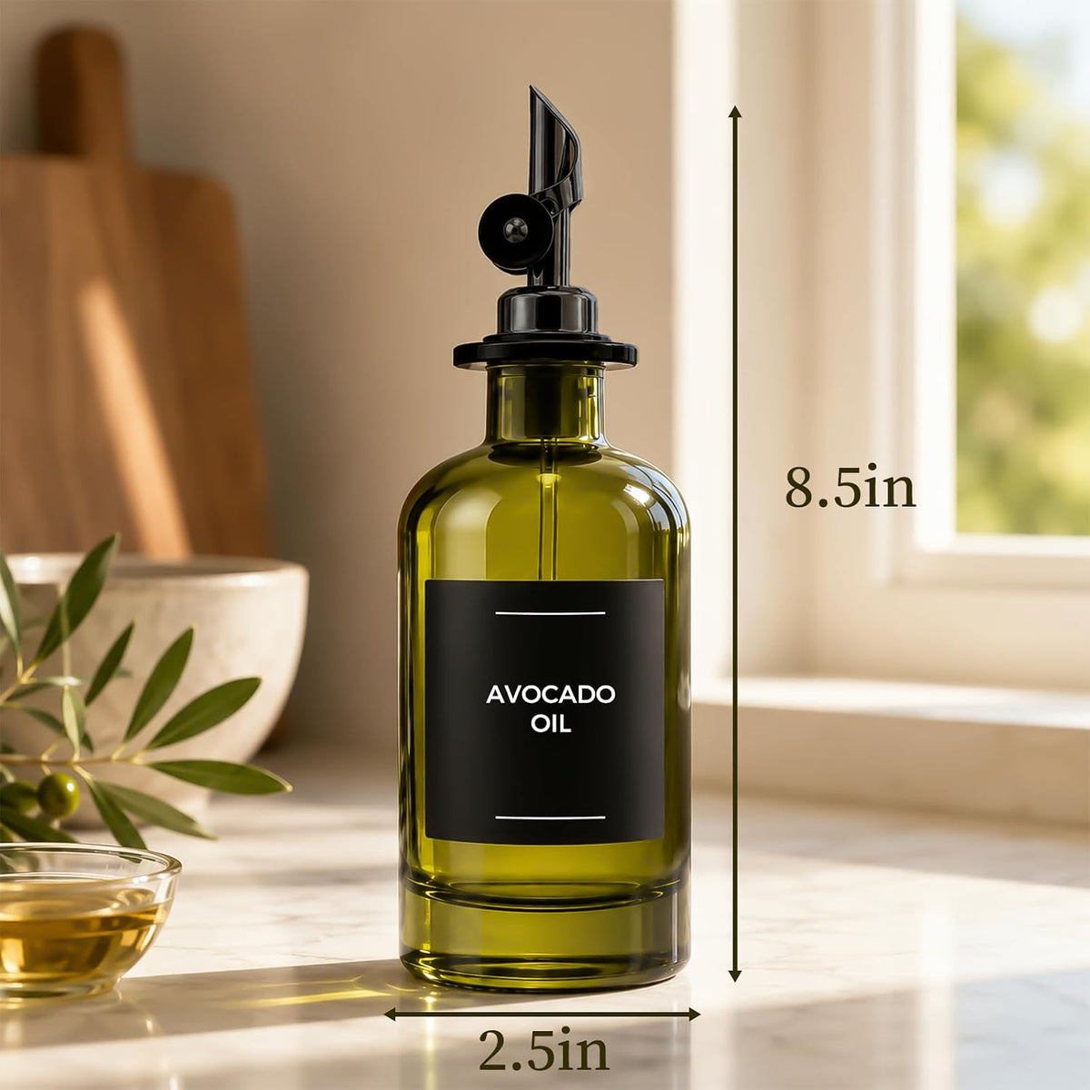 Glass Olive Oil Dispenser Set of 2, 350ml/11.8oz UV-Protected Green Bottles Self-Closing Pourer, Includes 50 Labels, Funnel & Aligner, Oil & Vinegar Dispenser for Kitchen Cooking