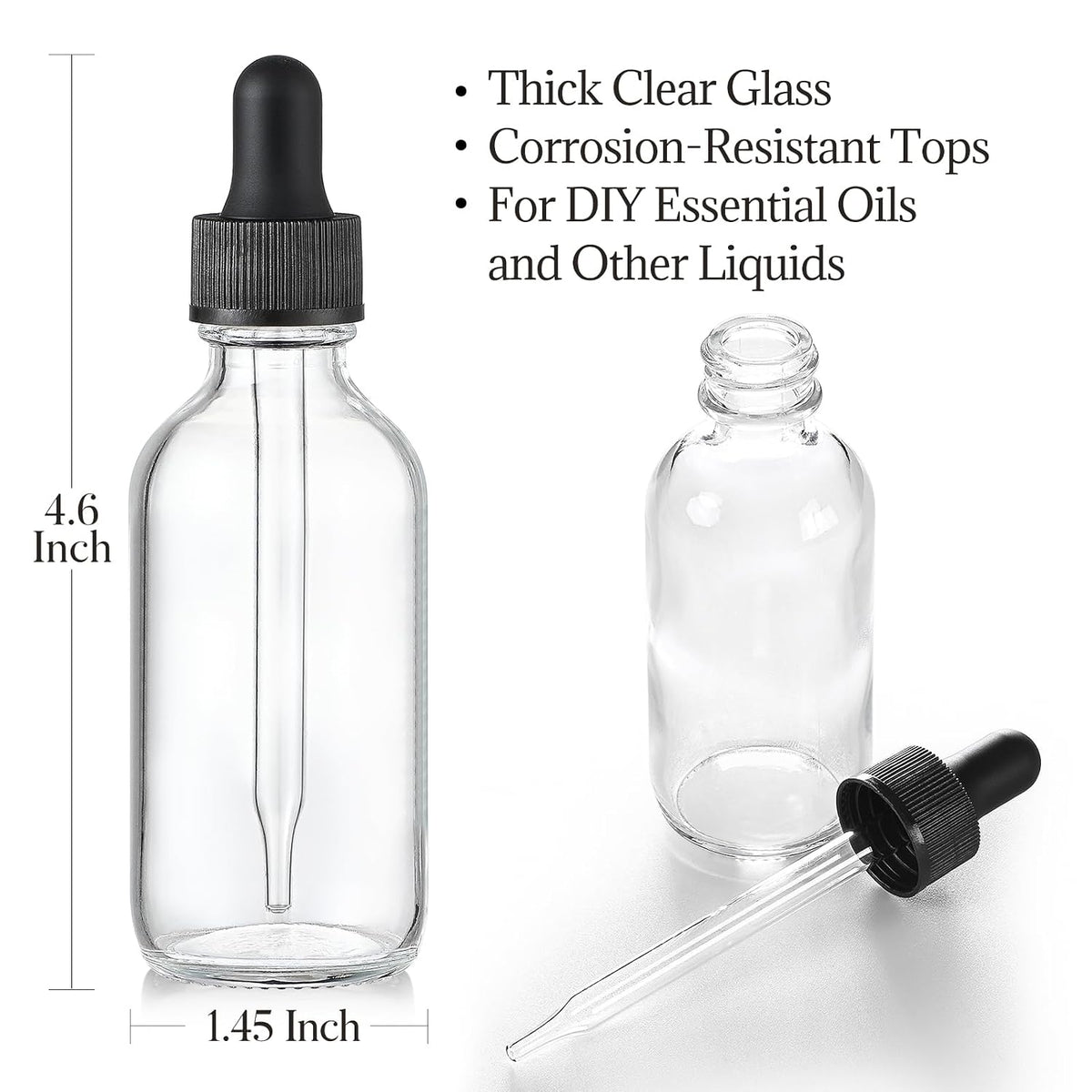 12 Pack, 2 oz Glass Eye Dropper Bottles w/ 3 Stainless Steel Funnels & 1 Long Pipette Dropper & 24 Labels - 60ml Clear Tincture Bottles for Essential Oils, Liquids - Leakproof Travel Essential Bottles