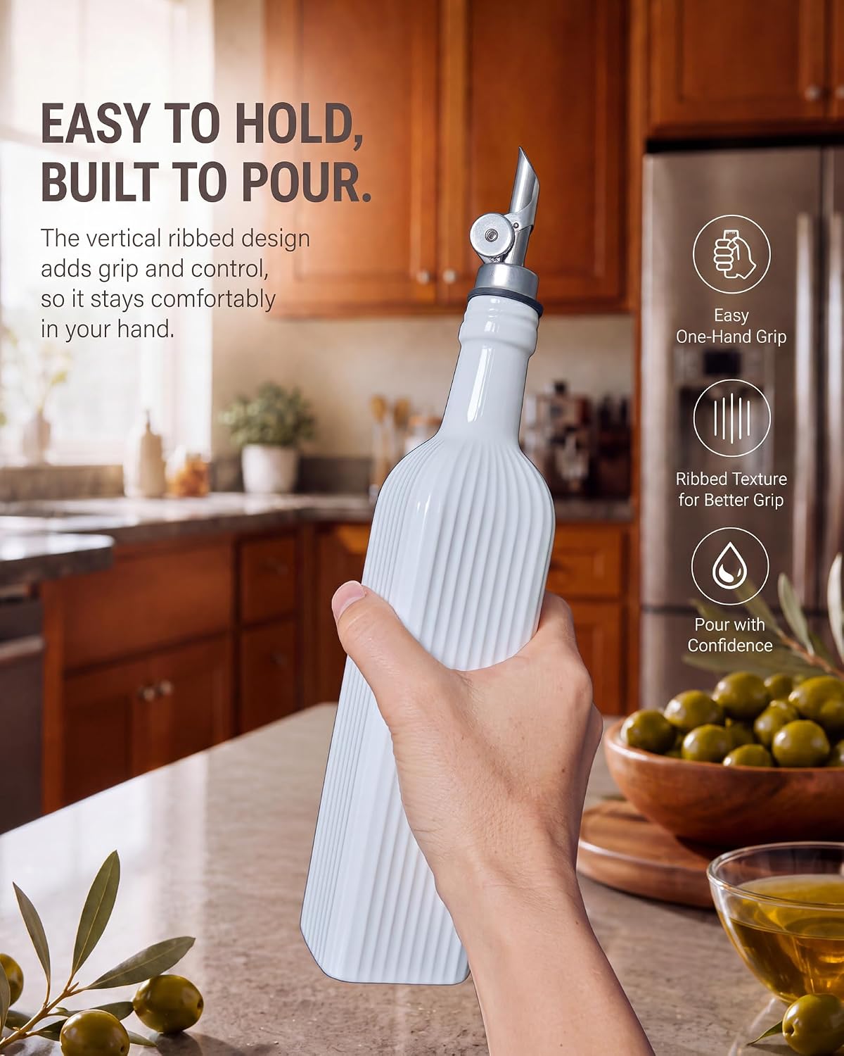 Ceramic Olive Oil Dispenser Bottle with Pourer for Kitchen, 18 oz, white