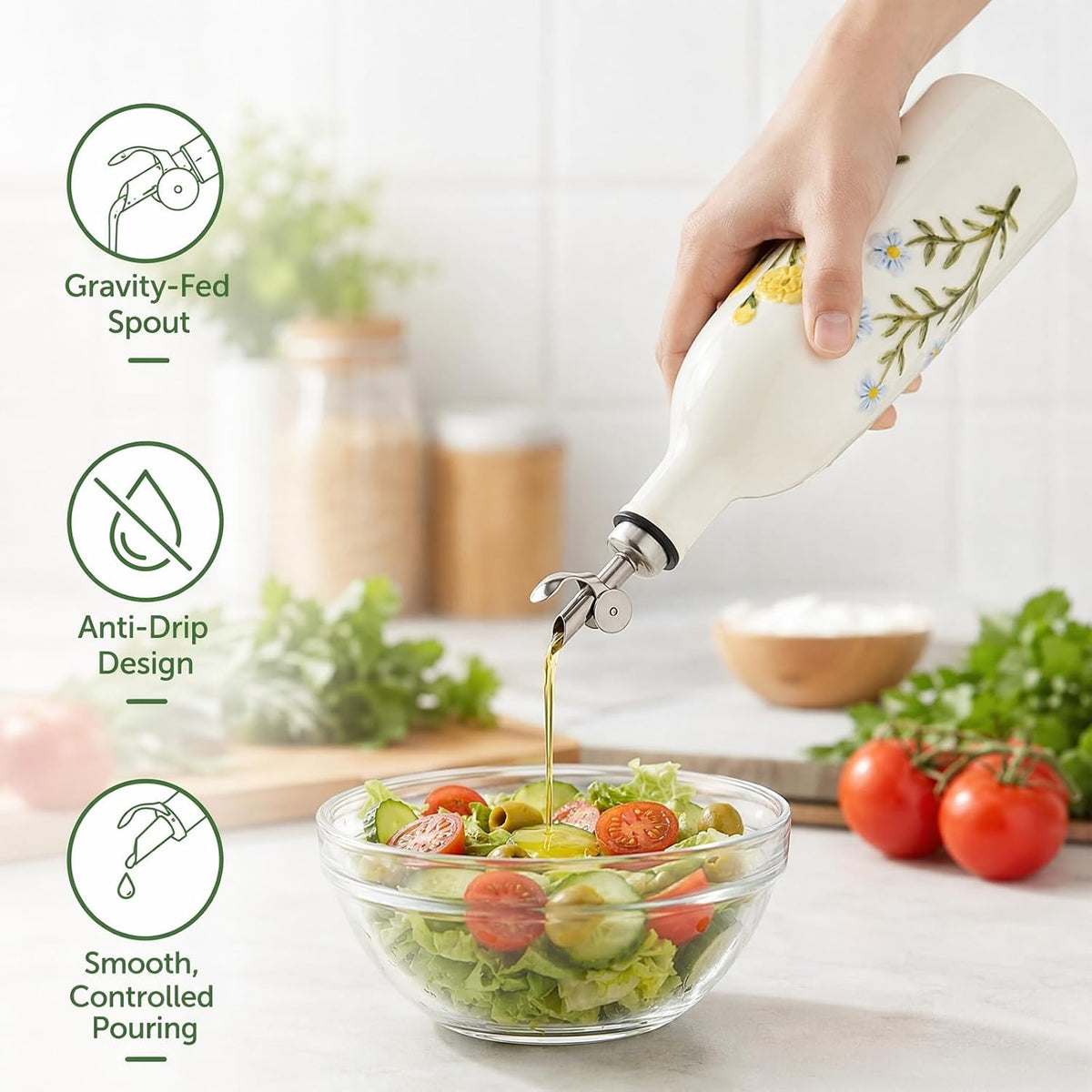 Ceramic Olive Oil Dispenser Bottle with Spout, 18 OZ, Flower