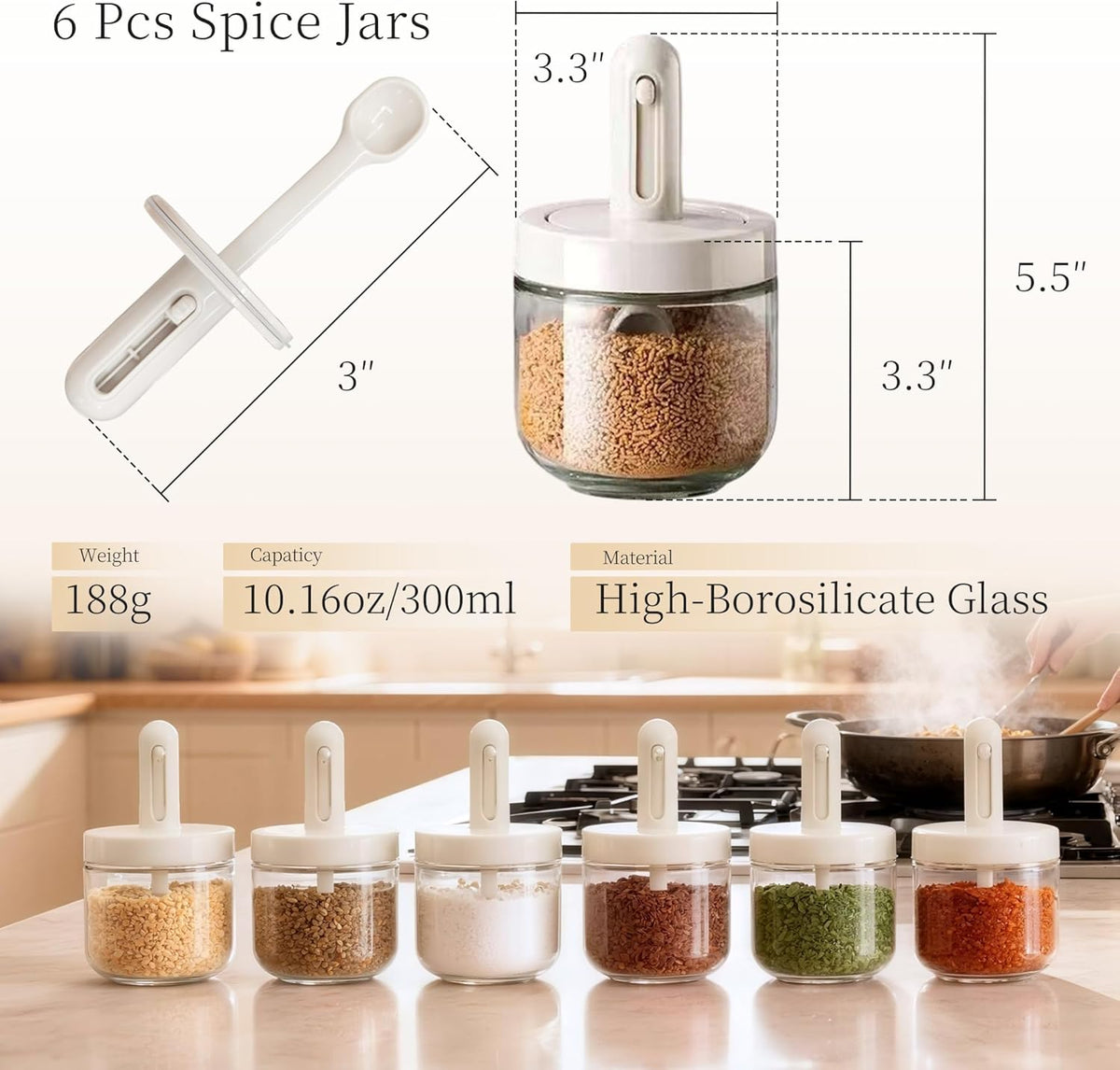 ShanSon 6-Piece Glass Spice Jars with Adjustable Spoon, 10.16oz /300ml Seasoning Containers with Airtight Lids, Moisture-Proof Condiment Pots, Spice Organizer for Kitchen Countertop & Pantry Storage