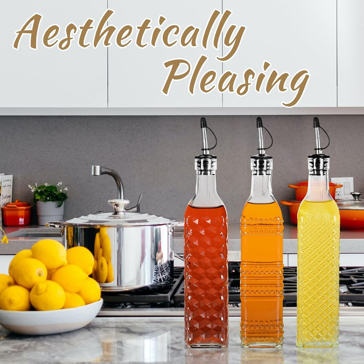 3-Pack Glass Oil Dispensers 500ML/17OZ, Oil and Vinegar Bottles Set with Stainless Steel Pourers, Brush, Funnel, Seal Caps (Square)