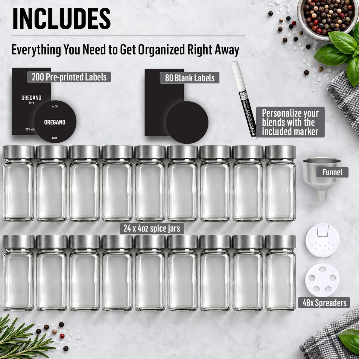 Deco haus Glass Spice Jars with Label 24x4oz - Spice Containers +280 Labels