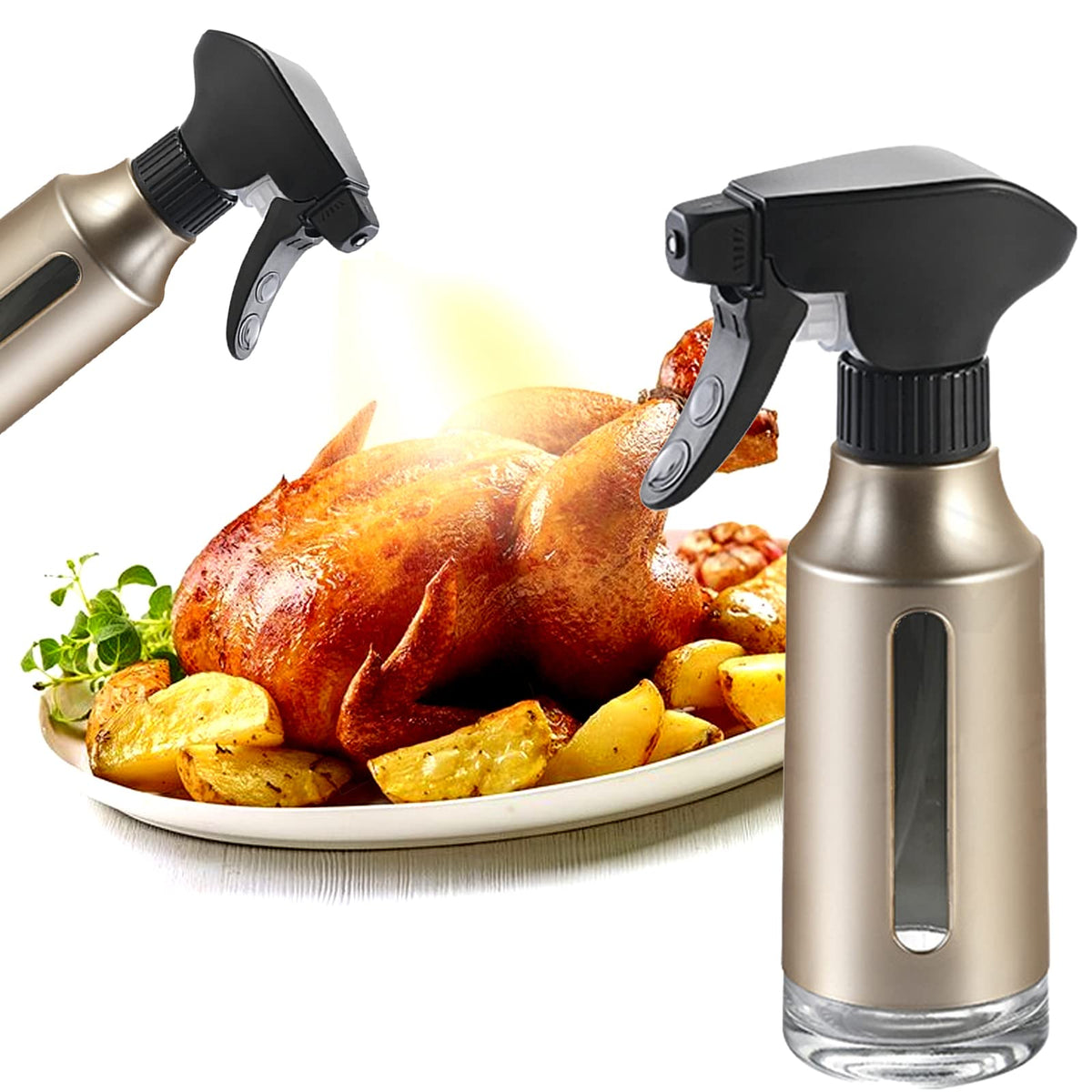 Oil Sprayer for Cooking,Stainless Steel Olive Oil Mister for Air Fryer Black Nozzel Dispenser Bottles Fat Reduction Glass Oil Control Spray Pot 6.35oz(180ml) Capacity