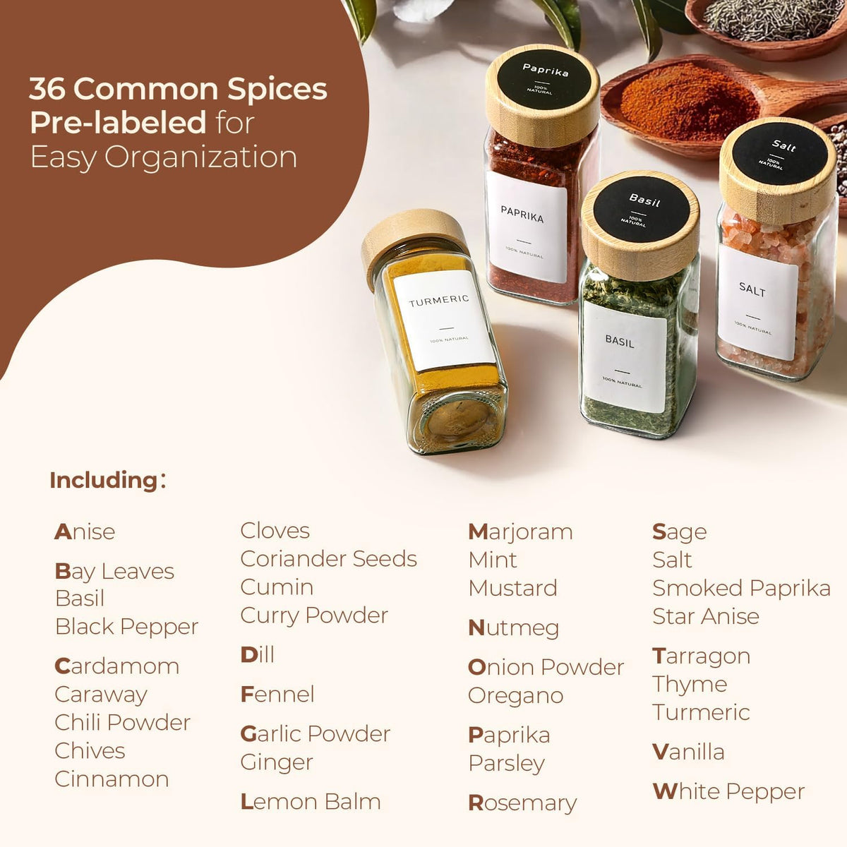 ComSaf Glass Spice Jars with with Labels 4 oz 24 Pack Bamboo Lids Bulk Set