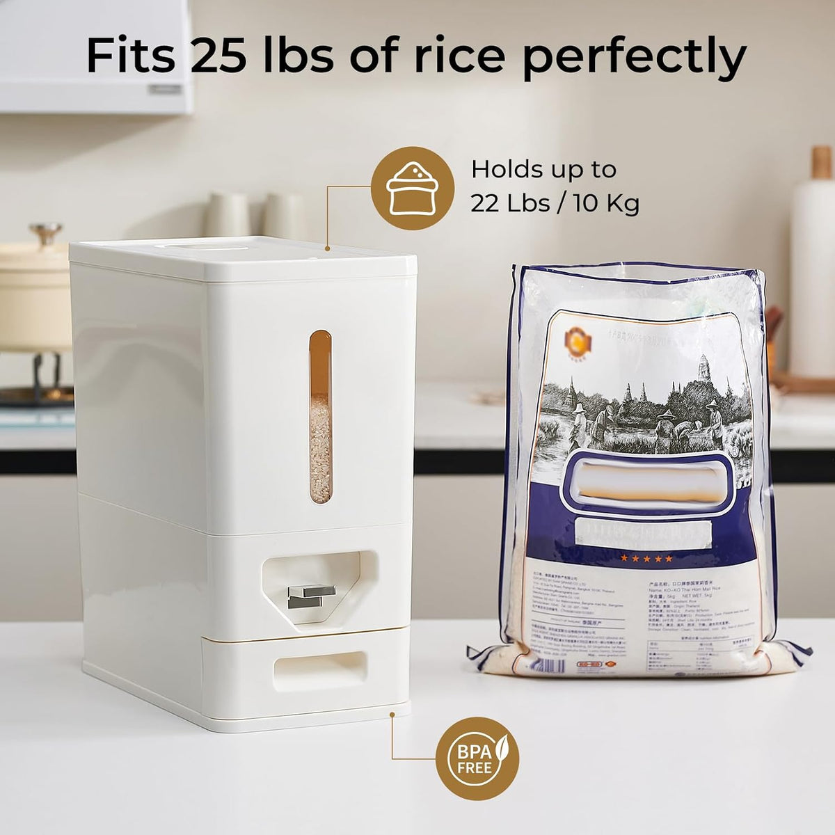 UFORU 22-25 LB Rice Dispenser,Airtight Rice Container with Built-In Drawer