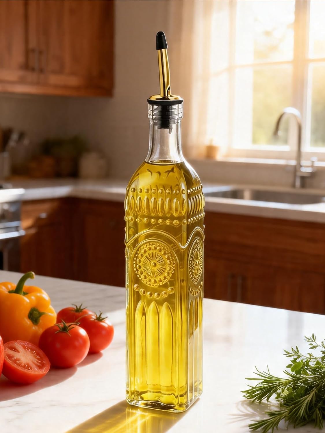 4 Pcs Olive Oil Dispenser Bottle for Kitchen, 17oz Clear Glass Oil and Vinegar Dispenser Bottle Set with 4 Stainless Steel Spouts and 1 Funnel (Square)