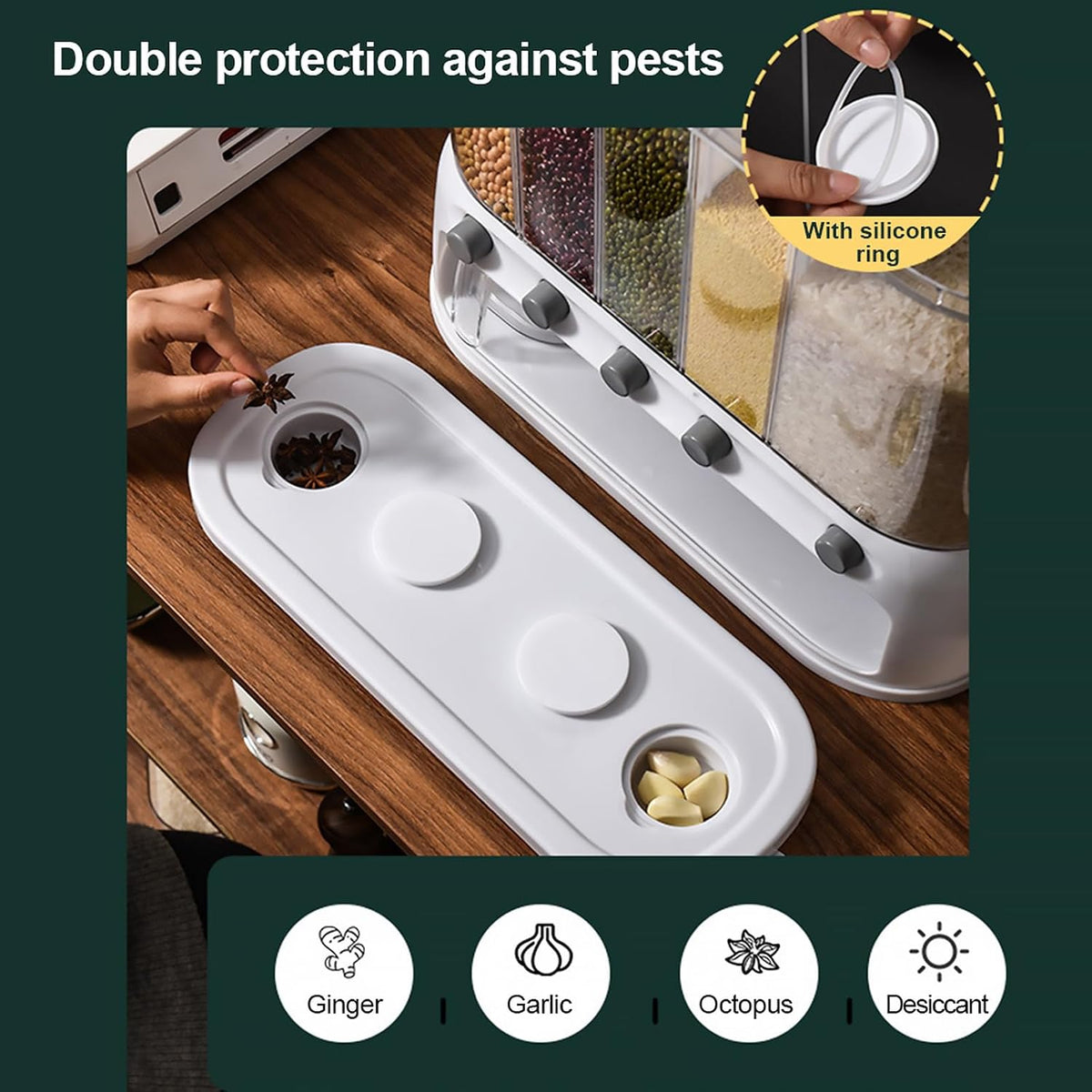 ETOYA Dry Food Dispenser, Wall mounted 5 Grid Cereal Dispenser,Rice dispenser 25 pounds Kitchen Storage with Measuring Cup for Kitchen, Pantry, Restaurant & Bulk Food