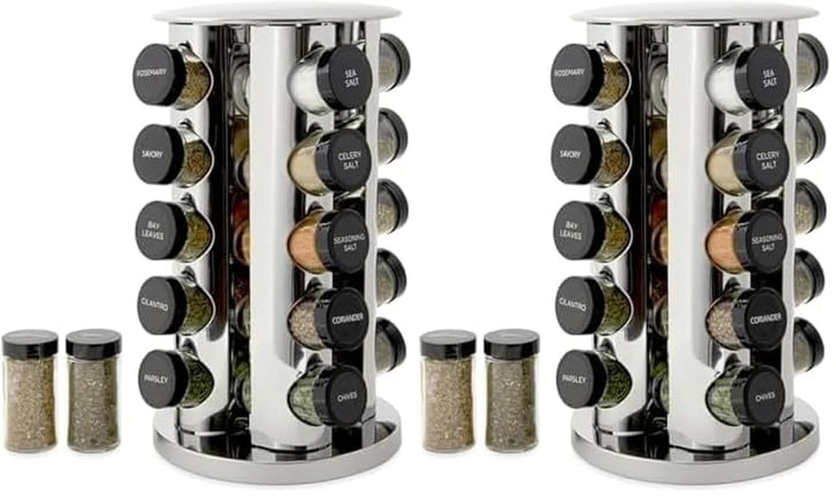 Kamenstein 20 Jar Revolving Countertop Spice Rack with Spices Included, FREE Spice Refills for 5 Years, Polished Stainless Steel with Black Caps, 30020
