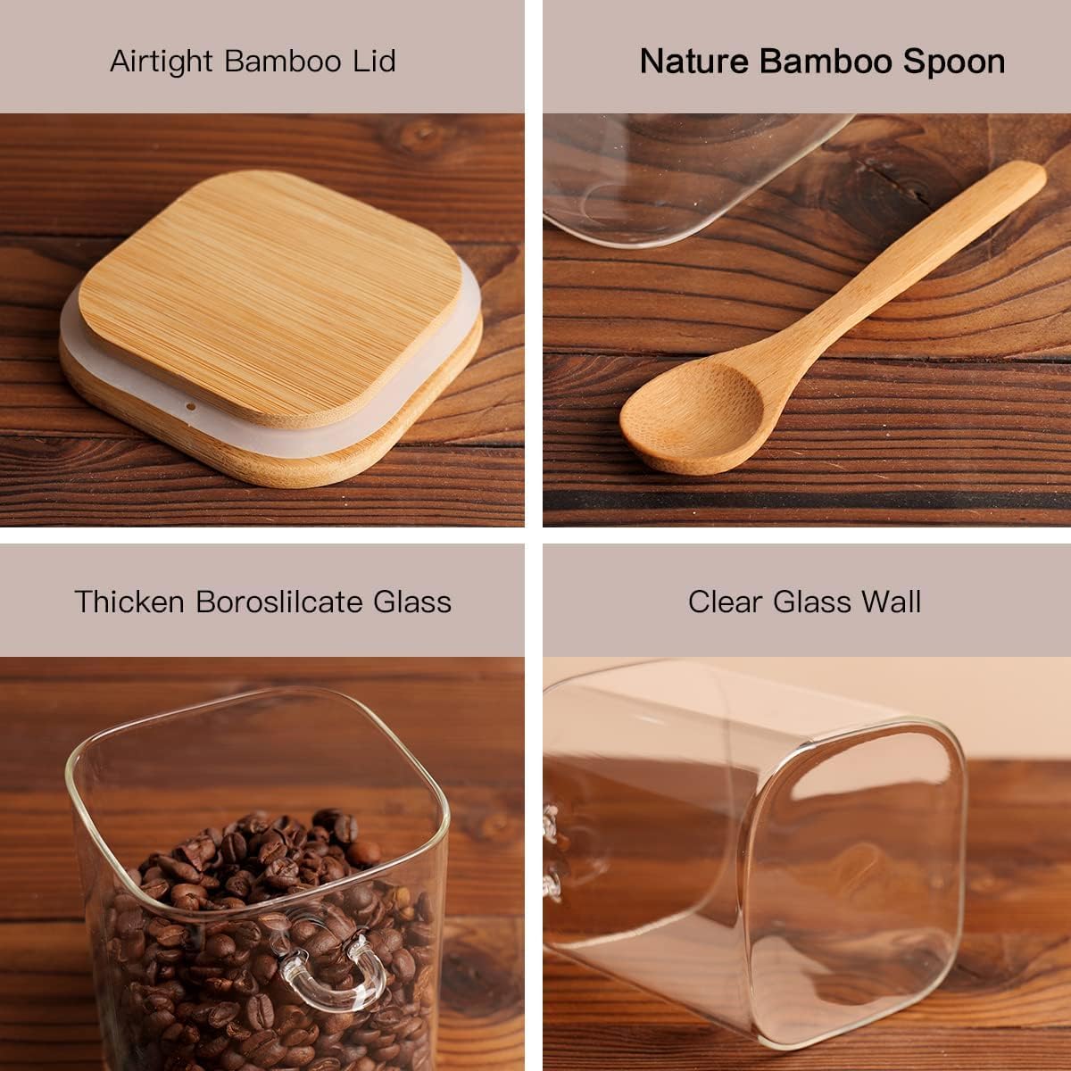 HHMJSM 6 Pcs Square Glass Jar with Bamboo Lid and Spoon - 27 oz Large Sugar Container with 148 Kitchen Pantry Spice Jar Labels Preprinted - Glass Containers with Wooden Lids Hold Coffee, Tea, Candy